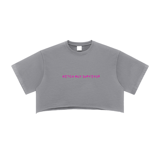 BITCH BOY SURVIVOR Snow Washed Raw Edge Crop Top