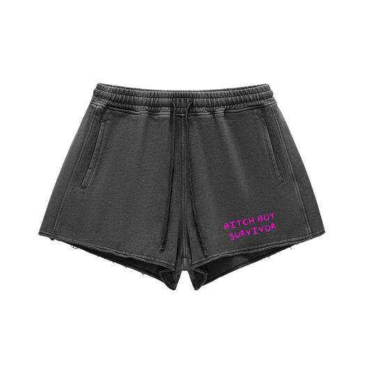 BITCH BOY SURVIVOR Snow Washed Raw Edge Drawstring Shorts